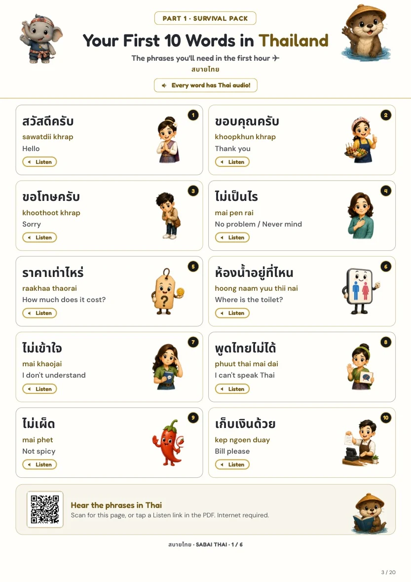 Thailand Essentials sample phrase sheet with illustrated arrival phrases, Thai script, readings and English on a light page.