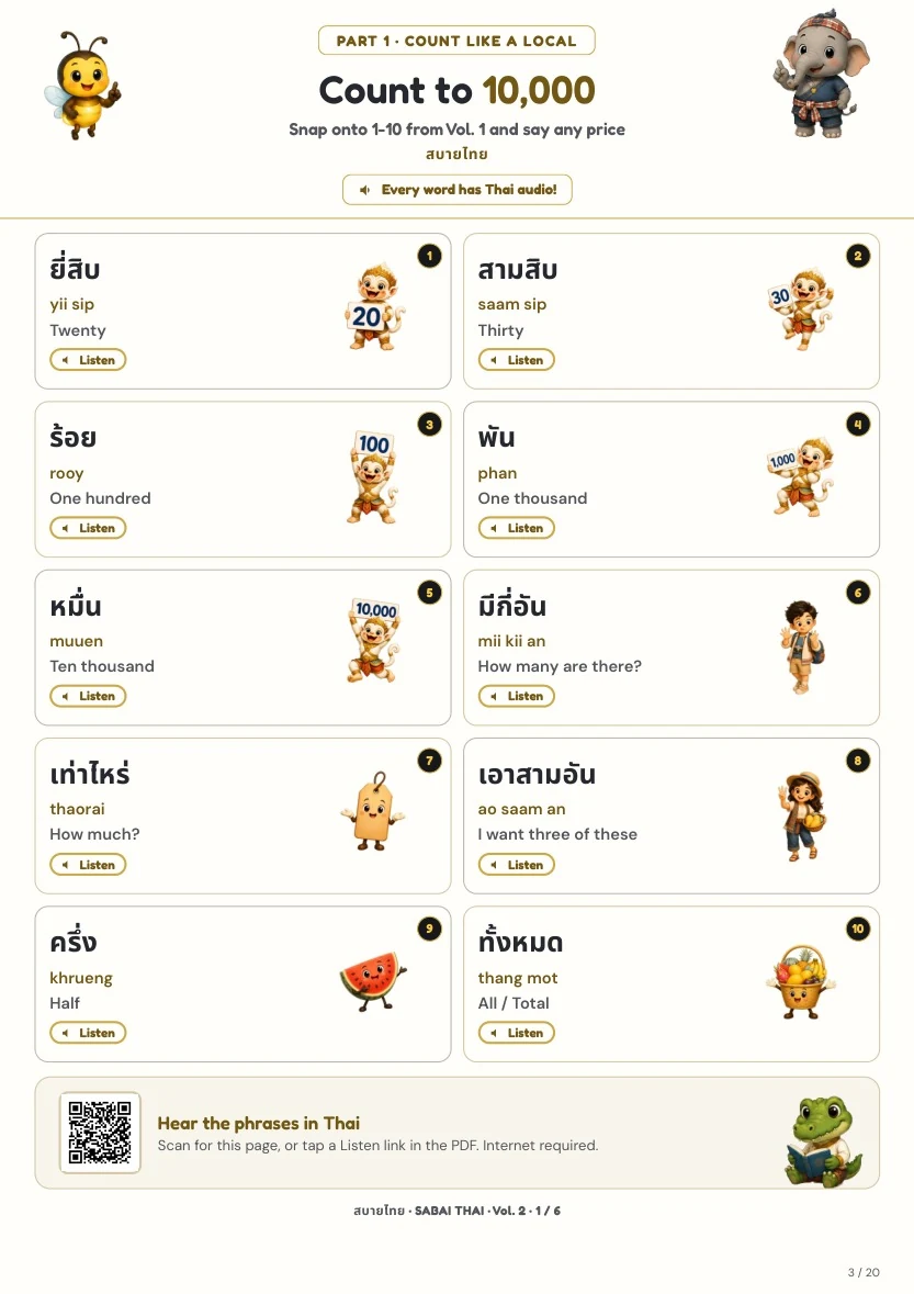 Numbers and Bargaining sample sheet with illustrated Thai numbers, readings and English, with a light header and thin amber rule.