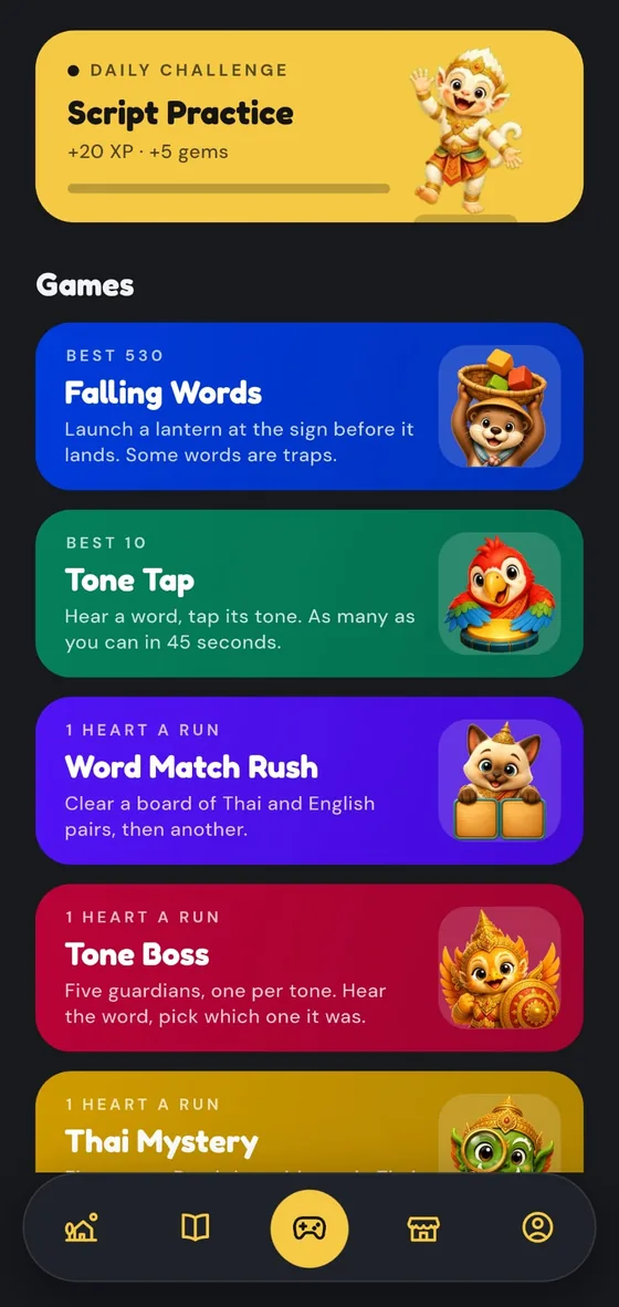 The Sabai Thai game hub, listing Falling Words, Tone Tap, Word Match Rush, Tone Boss with five guardians one per tone, and Thai Mystery.