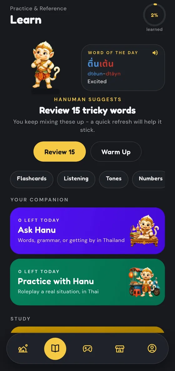 Sabai Thai Learn screen with practice, review and study tools.