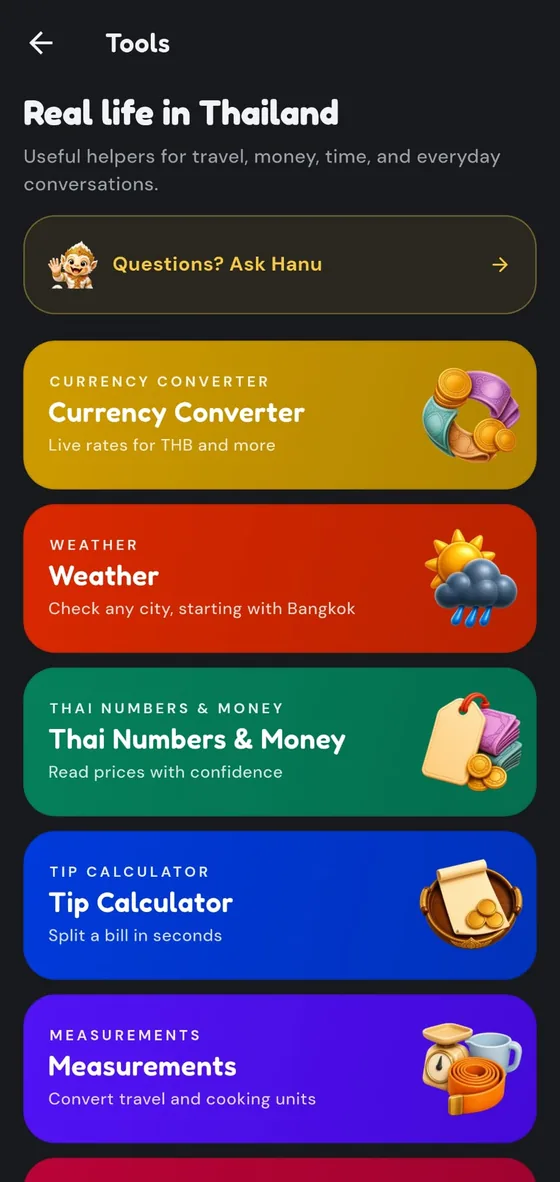 Sabai Thai Tools screen with practical help for everyday Thailand.